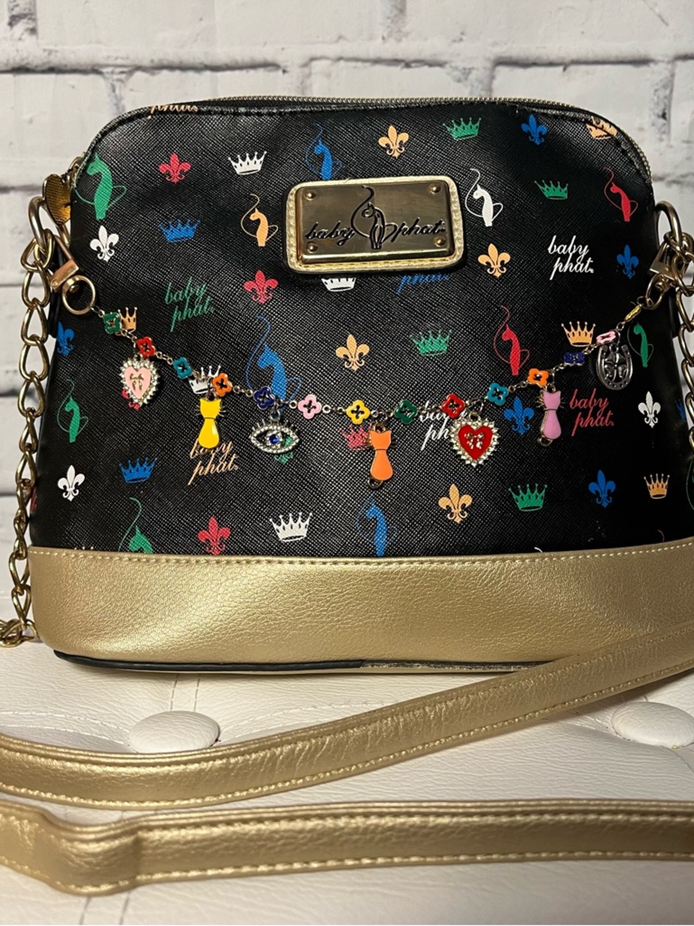 Baby Phat Black Multicolor Charm Crossbody with Gold Trim and Chain - Picture 10 of 10